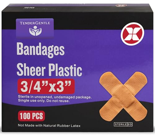 Adhesive Bandage - Box of 100 3/4 Flexible Sheer Plastic Bandages for Cuts, Scrapes, Burns - Latex Free, Sterile Small Bandages