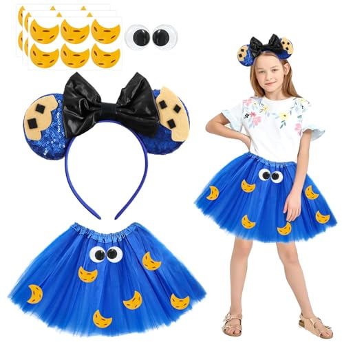 Ekukeon Cookie Monster Kostüm Damen Mädchen,Krümelmonster Kostüm,Tüll Rock+Cookie Keks Monster Haarreif+Kulleraugen Aufkleber+Cookie Aufkleber,für Fasching Karneval Halloween Maskerade Cosplay (Kind)