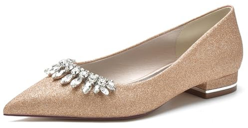 Zapatos De Novia Sin Cordones con Purpurina para Mujer Bailarinas De Tacón Bajo con Diamantes De Imitación Puntera Puntiaguda Zapatos De Fiesta De Graduación De Bodas,Champagne,37 EU