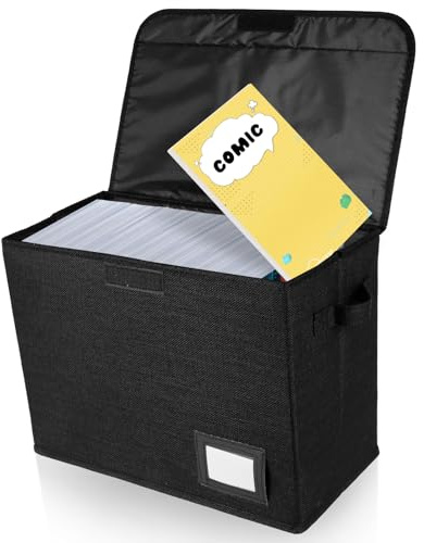 Comic bokförvaring 40 x 20 x 30 cm, kan användas upp till 150–180 böcker, ultrarobust, vikbar förvaringslåda med lock med 2 handtag etikettfack gör-det-själv-tagning, serietidningslåda