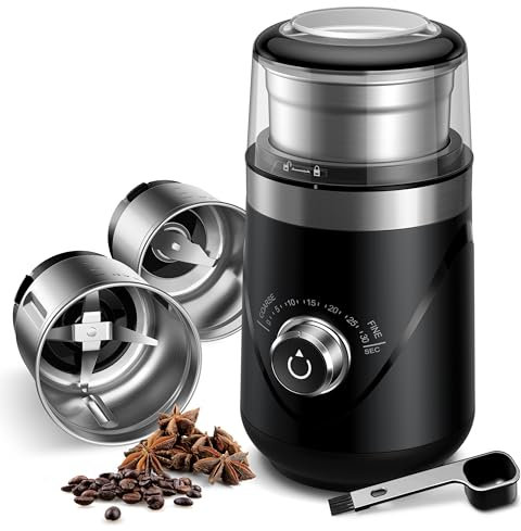Coffee & Spice Grinder Electric with 2 Removable Stainless Steel Cups, Timed Grind Control Rotary Knob,Adjustable Coarse to Fine for Coffee Beans, Wet & Dry Spice,70g