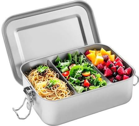 BUCOMTU 850ml Boîte à Bento en Acier Inoxydable, Lunch Box avec 2 Compartiments Amovibles, Boite Alimentaire à Compartiments, Anti Fuite, Durable et éCologique Bento Box pour Enfants et Adultes