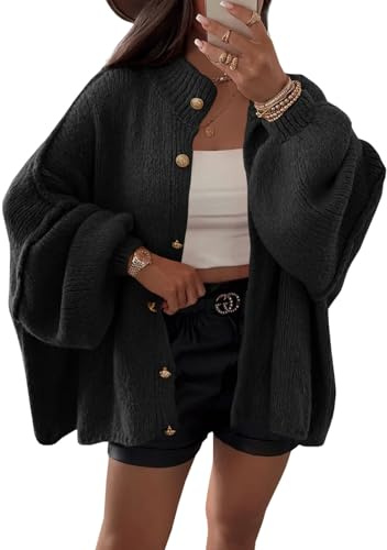 Saodimallsu Cardigan da Donna, a Maniche Corte, con Bottoni, Apertura Frontale, a Maniche Lunghe, Large, per Autunno e Inverno, Nero, M