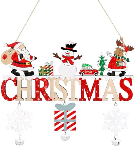 JOFONY Hängedeko Weihnachten, Bunte Holz-Aufhänger mit Schnur, Türschild Weihnachten zum Aufhängen für Tür Wand Dekoration