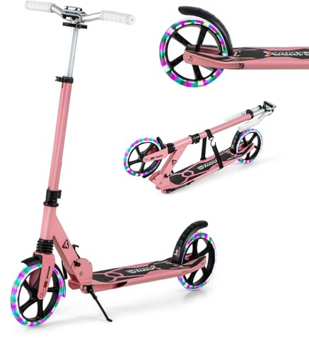 GYMAX Foldable Kick Scooter, Height Adjustable City Scooter with Light Up Wheels, Shock-Absorbing System, Non-Slip Deck & Rear Brake, Lightweight Scooters for Kids Adults and Teens (Pink)