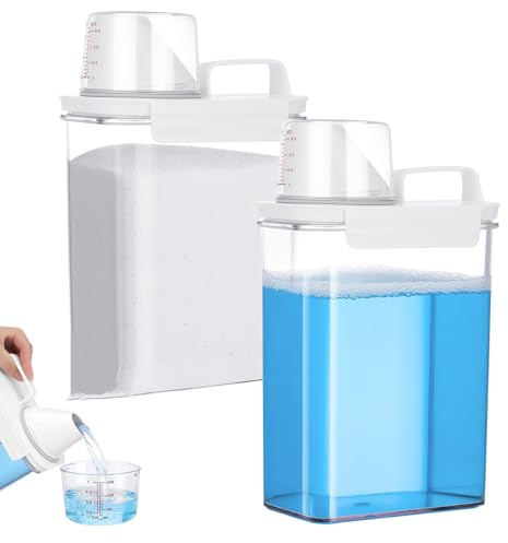 Lot de 2 distributeurs de lessive hermétiques avec verre doseur, boîte de lessive multi-usages, boîte de rangement transparente, pour blanchisseries (1800 ml, sans graduation, 2 pièces)