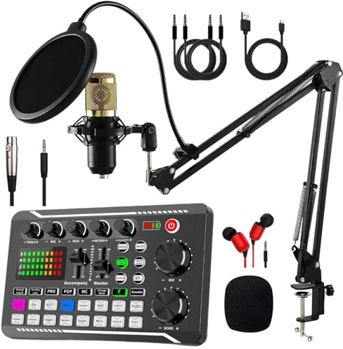 Podcast Equipment Bundle, Audio Interface with Voice Changer, Streaming Mic with Microphone for Gamer, DJ Mixer Recording Studio Equipment for Singing, Gaming, YouTube, TikTok