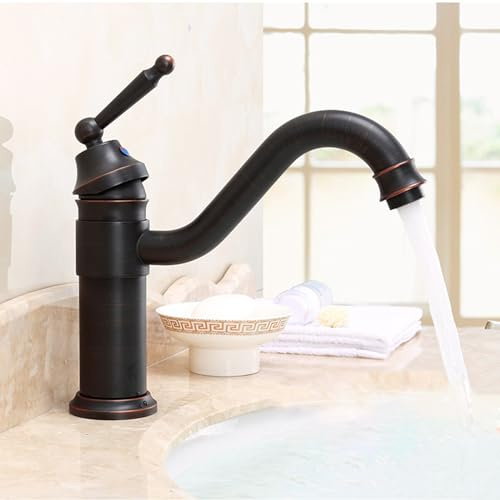 Wasserhahn Bad Waschtischarmatur Mischbatterie Waschbecken Retro-Wasserhahn aus Messing warm und kalt 360 ° drehbar Vintage-Stil für Einloch-Waschbecken Vintage-Schwarz Badarmatur Waschbeckenarmatur