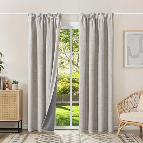 Runyéla 100% Mörkläggningsgardiner Termiska gardiner med köldskydd med veckband 200 x 140 cm (HxB) Set om 2 stycken med linneoptik, ogenomskinliga gardiner Gråvitt, skjutgardiner för vardagsrum