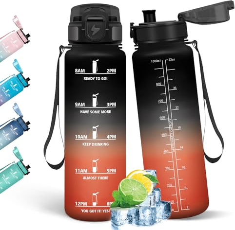 HoneyHolly Trinkflasche 1L, Auslaufsicher mit Zeitmarkierung, Wasserflasche, Sportflasche mit Filter, Trinkflasche Kohlensäure Geeignet, Flasche, Wasserflasche Sport für Outdoor, Fahrrad, Fitness