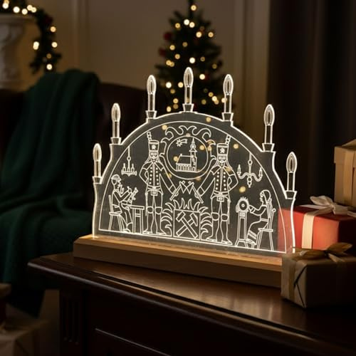 Plastard beleuchteter Lichterbogen Erzgebirgisches Motiv auf 36 x 28 x 0,8 cm Acrylplatte - Eleganter Holzsockel 41 cm mit LED Leiste - Festliche Weihnachtsbeleuchtung, Weihnachtsdeko