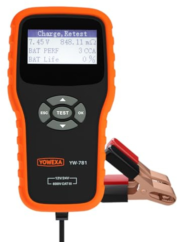 YOWEXA YW-781 Autobatterie Tester, Batterietester kfz 12V mit 100-2000 CCA | für Batterietests, Anlasstests & Ladetests, Digitaler Batterie Tester Auto 12v für LKW, ATV, Motorrad, SUV, Car