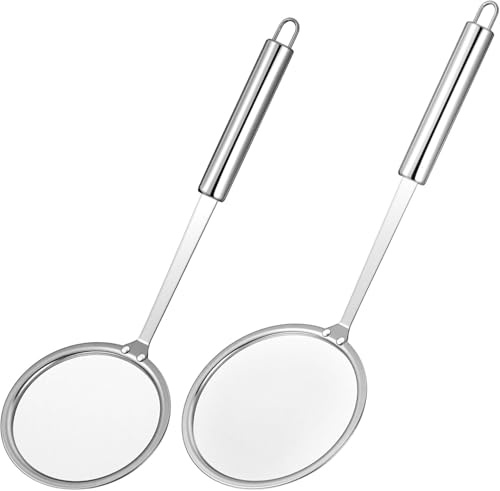 Dudaqing 2 cucharas de espumador de grasa, de acero inoxidable, de malla fina, colador de alimentos con mango largo, espumador de olla caliente