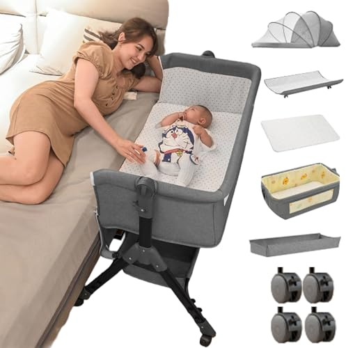 Oubeauou Next to me Beistellbett höhenverstellbar, tragbarer Stubenwagen, stabiles Babybett 3-in-1, mit waschbarer Matratze, Wickeltisch, Aufbewahrungstasche, 4 feststellbare Räder, Moskitonetz, für 0