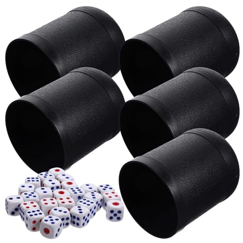 TOBBOMEY Lot de 5 Sets de Mini Gobelets à Dés Noirs en Plastique 25 Dés Multicolores pour Jeux de Société Fête Bar et Ktv Compact et Portable