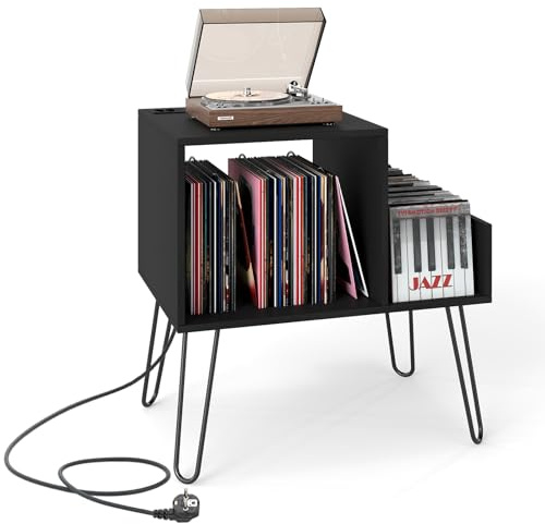 RELAX4LIFE Supporto per Giradischi con Stazione di Ricarica, Porta Vinili Vintage per 145 Album, Espositore per Dischi, Stand Tavolino per Soggiorno e Camera da Letto, 66 x 45 x 67 cm (Nero)