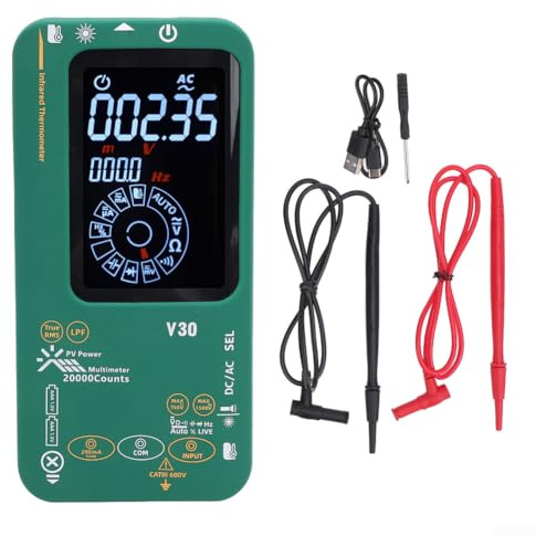 V30 Intelligent Photovoltaic Multimeter with Infrared Thermometer, 20000 Counts, Auto Current Activation, Dual Power, Soft Silicone Case for Solar