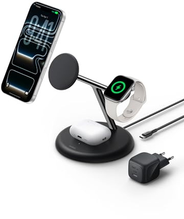 Belkin UltraCharge 3-in-1 Induktive Ladestation mit Qi2, 25W – Schwarz | Qi2.2-zertifiziert, MagSafe Kompatibles Kabelloses Ladegerät für iPhone, Apple Watch, Kopfhörer; USB-C-Kabel, 45W Netzteil