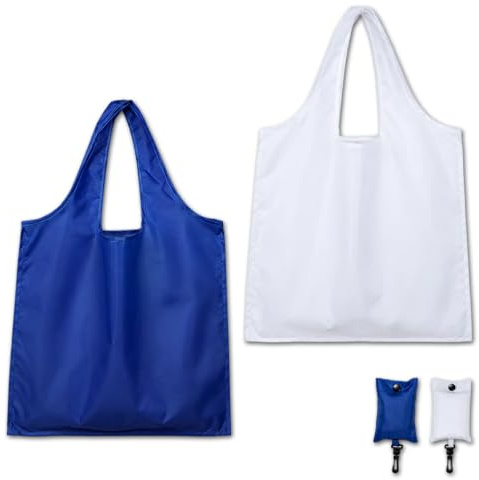 IGNITRON 2 Pack Foldable Shopping Bags in Pouch with Hook, Reusable Polyester Tote Bag for Groceries Travel Commuting Daily Use, Blue + White