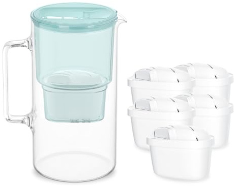 Wessper Jarra Filtro Agua Cristal 3 litros, juego con 5 Filtros - Menta | jarras con filtros de agua, filtro carbón activo, sin BPA