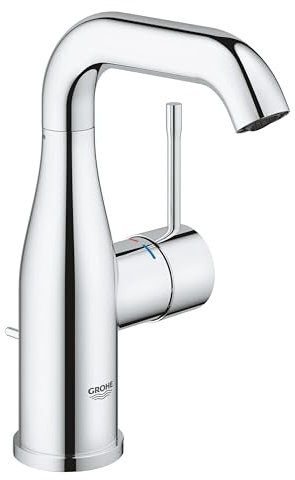 GROHE Essence, Waschtischarmatur, wassersparend (Wasserhahn für das Bad, mit Zugstangen-Ablauf, 19cm hoch, langlebige Oberfläche, einfache Installation am Waschbecken), chrom, 23462001