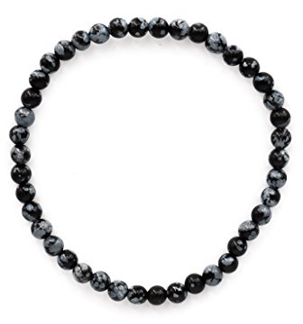 Taddart Minerals – Schwarzes Armband aus dem natürlichen Edelstein Schneeflocken-Obsidian mit 4 mm Kugeln auf elastischem Nylonfaden aufgezogen - handgefertigt
