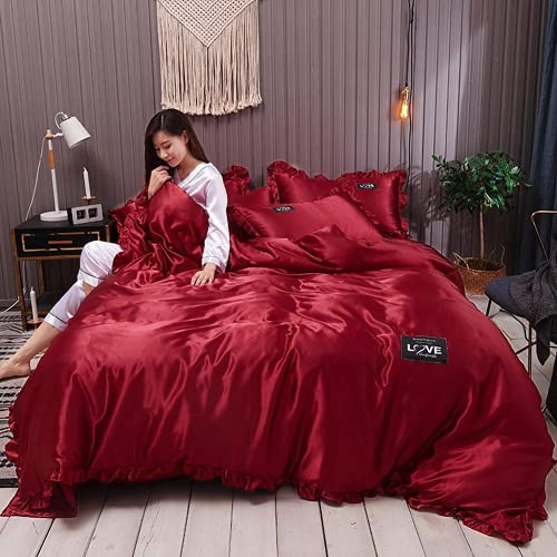 RONGER Ensemble De Literie en Satin Pur Soie Dentelle Housse De Couette De Luxe Simple Double Grand Roi 240x220 Couple Housse De Couette Blanc Gris Rouge (29,Large 4PCS)
