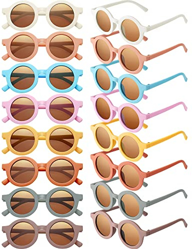 Frienda 16 Pairs Toddler Sunglasses Bulk Party Favors, Cute Round Kids Sunglasses Age 2-4 Classroom Beach for Boys Girls(Bright Colors)