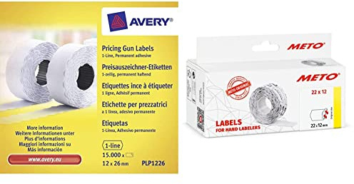 AVERY Zweckform PLP1226 Etikettenrolle (15.000 Stück, 1-zeilig, permanent haftend, 12 x 26 mm) 10 Rollen weiß & Original Meto Preisauszeichner Etiketten (22x12 mm, 1-Zeilig, 6.000 Stück, weiß)