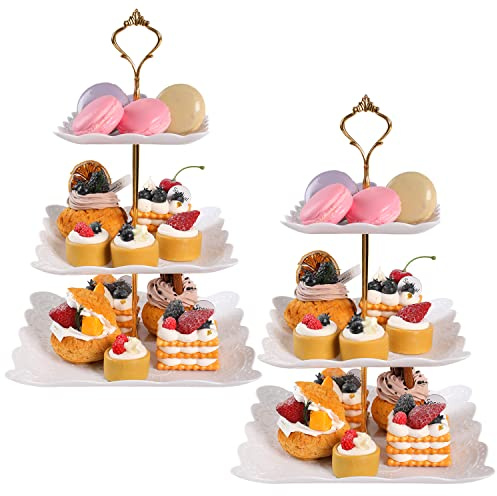 Pinkgarden 3 Tier Plastic Cupcake Stand, Cake Display Tiered Serving Tray, 2 Pack Plastic Dessert Pastry Candy Platter Holder Tower for Wedding, Birthday, Tea Party, Baby Shower Decor (Square, White)