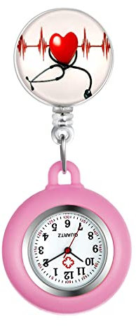 Silverora Reloj de enfermera de silicona retráctil con estetoscopio corazón patrón solapa reloj de bolsillo para médico enfermeras funda de silicona para mujeres y hombres, Rot