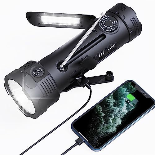 NOAA Emergency Flashlight Rechargeable with Weather Radio,AM/FM Weather Alert Solar Hand Crank Survival Radio,Portable Battery Powered Radio,Reading Lamp,USB Phone Charger,SOS Alarm for Home Outdoor
