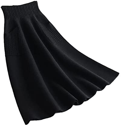 Jupe longue en laine pour femmes Alloaone - Automne/Hiver - Taille haute avec poche - Jupe mi-longue en maille solide, Noir , L