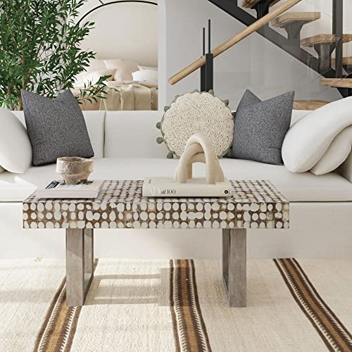 East at Main White Coffee Table – Handmade Accent Table with Coconut Shell Inlay, 40 Rectangular Wood Table for Living Room, Coastal Farmhouse or Boho Decor
