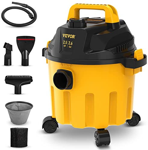 VEVOR 2.6 Gallon 2.5 Peak HP Wet and Dry Shop Vac， Portable Shop Vacuum and Blower 3-in-1 with Filter, Hose and Attachments for Home and Car Cleaning Black/Yellow