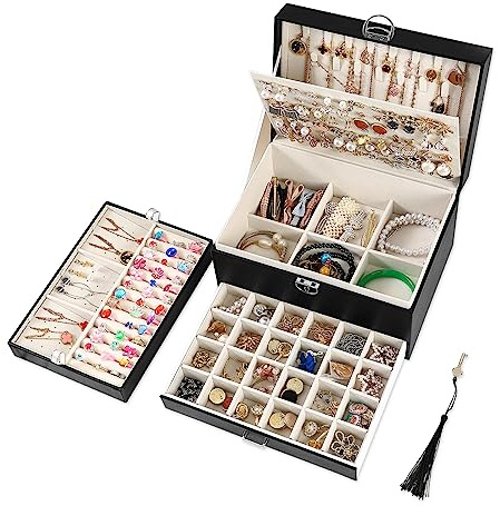 BOOVO Earring Jewelry Box For Women Girl Stud Organizer, 5 Layers Girl Jewelry Organizer Box With Lock Earring Holder Organizer Necklace Ring Jewelry Organizer Box For Girls (Black)