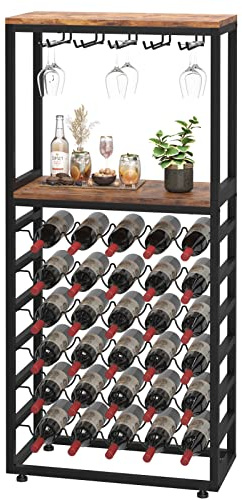 Dripex Wine Rack Free Standing Floor for Liquor and Glasses, 6-Tier Display Wine Bottles Storage Shelves with 2 Tier Wooden Shelves, Sturdy Metal Bottle Holder for Kitchen Bar Pantry