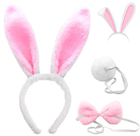 Orejas de Conejo, FUKPO Orejas Conejo Disfraz Diadema Felpa Orejas Conejo Pajarita Cola, Diadema Conejo Niña Mujer Niño Adulto para Fiesta Cosplay Accesorios Disfraces Carnaval Pascua(Blanco Rosa)