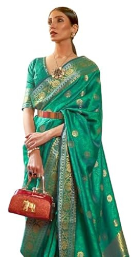 SWORNOF Kanjivaram Sari en soie douce pour femme, Vert, taille unique