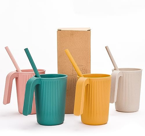 Unbreakable Drinking Cups, 350 ML Plastic Drinking Cups Reusable Cup for Kids Adults, 4 PCS Coffee Mugs with Handle, 4 PCS Straws, Hot or Cold Water Milk Tea Tumblers, Dishwasher and Microwave Safe