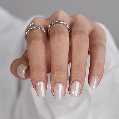BTArtbox Press On Nails Short - White Soft Gel Press On Nail, Square Chrome Nail Tips Glue On Nails, Reusable Stick On Nails in 15 Sizes - 30 Soft Gel Fake Nails Kit, Vanilla Glazed
