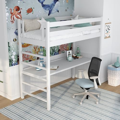 N-wood N01 Hochbett mit Schreibtisch Holz 90x200 cm, Etagenbett mit Leiter, 2 Leitermontageseiten: Links oder rechts, sichere abgerundete Kanten, Stabile Massivholzkonstruktion, Weiß
