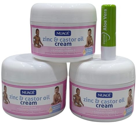 3 Pack Nuage Zinc AND Castor Oil Cream for Nappy Rash white 200mL,Long Exp With Free Aloe Vera Lip Balm