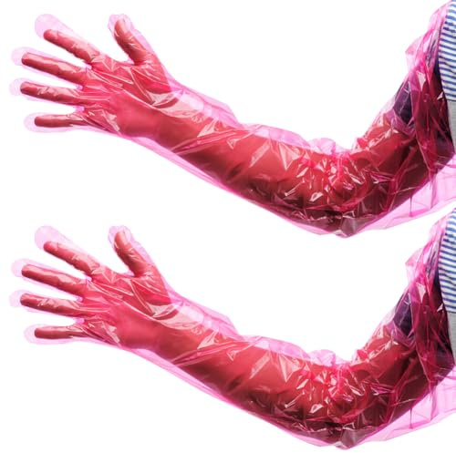 JIHUOO 50 Pcs Long Plastic Gloves Field Dressing Gloves Shoulder Length Gloves Veterinary Cleaning Gloves Full Arm Sleeve Gloves Red