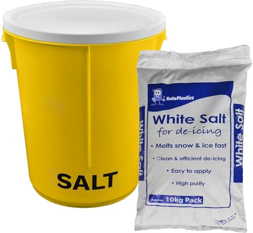 25L Yellow Grit Salt Bin 43cm with Lid and 10kg White De-Icing Salt for Driveway, Path and Patio