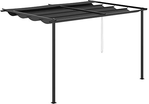 Outsunny Pérgola de Pared de Jardín 4x3 m Cenador para Exterior Gazebo con Techo Retráctil y Marco de Acero para Balcón Patio Terraza Gris Oscuro