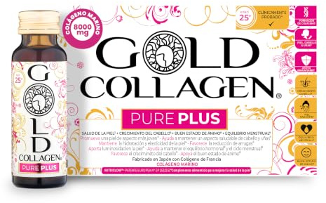 GOLD COLLAGEN New Pure Plus - Complemento con 8g Colágeno Marino Hidrolizado, Biotina para el Cabello Piel y Uñas Equilibrio Hormonal e Inmunitario con Vitamina C Ácido Hialurónico, 10 Botellitas 50ml
