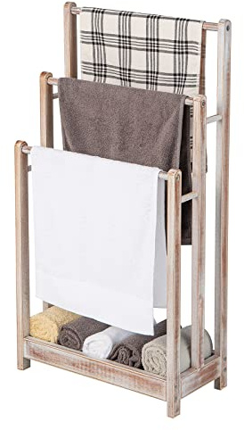 COSTWAY Handtuchständer freistehend, Handtuchhalter Holz mit 3 Handtuchstangen & unterer Ablage & Kippschutz, Trockenständer braun für Badezimmer, Hotels (weiß)