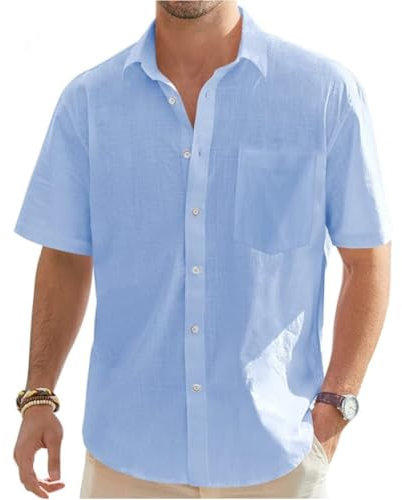 Men's Linen Cotton Shirts Short Sleeve Henley Shirt Regular Fit Casual Solid Shirt Lightweight Summer Beach Shirts with Pocket (Light Blue,3XL)