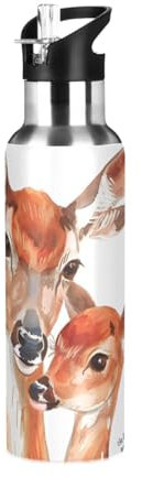 Muttertag Hirsch Trinkflasche Trinkflasche mit Strohhalmdeckel Isolierte Edelstahl Thermosflasche für Jungen Mädchen Gym Sport Auslaufsicher 600ml